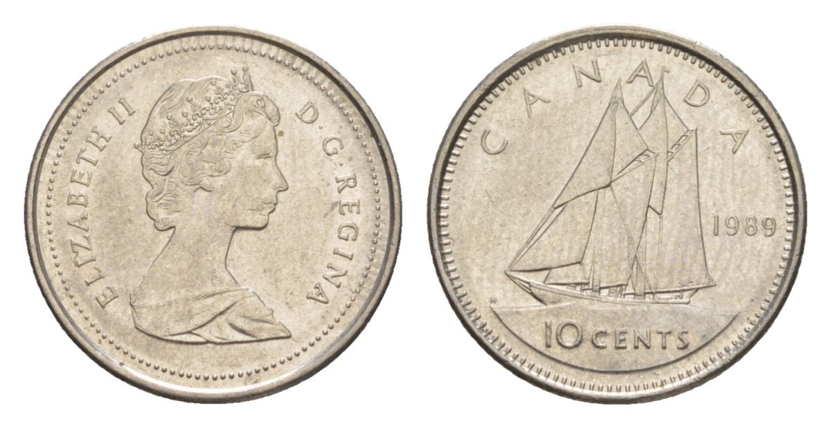 Канада 10 центов 1989 Елизавета II (1952-2022), парусник KM 77 никель 4630-839