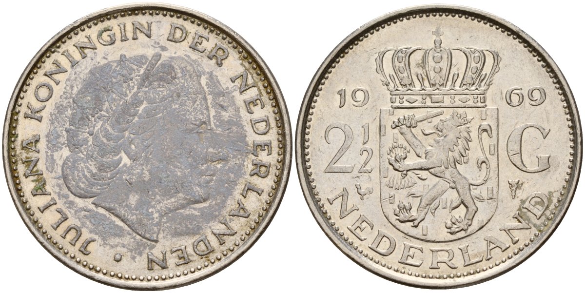 Нидерланды 2 1/2 гульдена 1969 Юлиана (1949-1980) KM 191 никель 4157-411