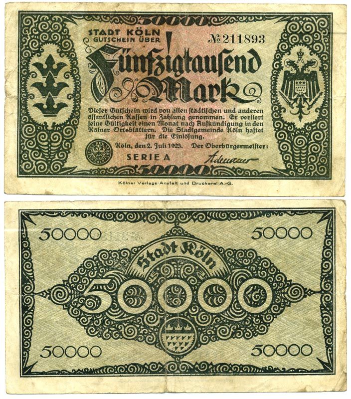 КЁЛЬН 50000 МАРОК 1923 НОТГЕЛЬД, 2 ИЮЛЯ 1923, СЕРИЯ А бумага 6301-42-2