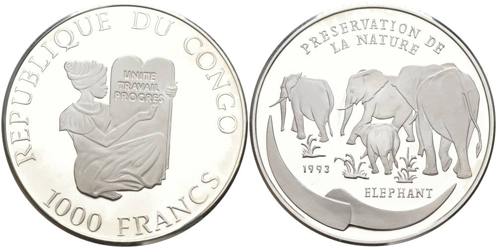 Конго 1000 франков 1993 серия охрана природы, слоны KM 13 серебро PROOF 1091-3-32