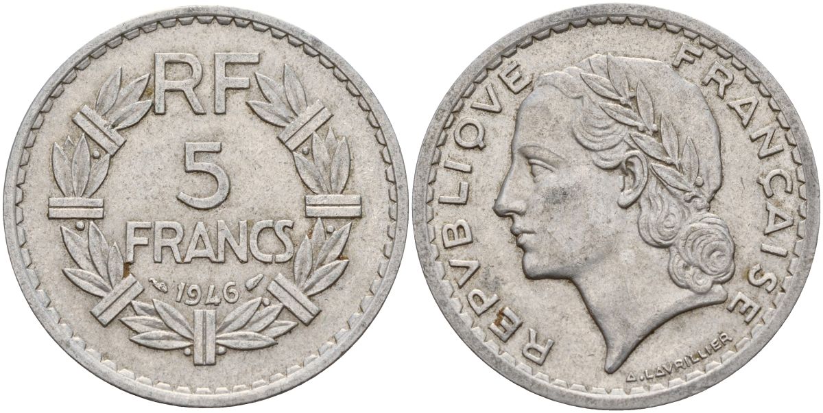 Франция 5 франков 1946 KM 888b.2 алюминий 4149-325