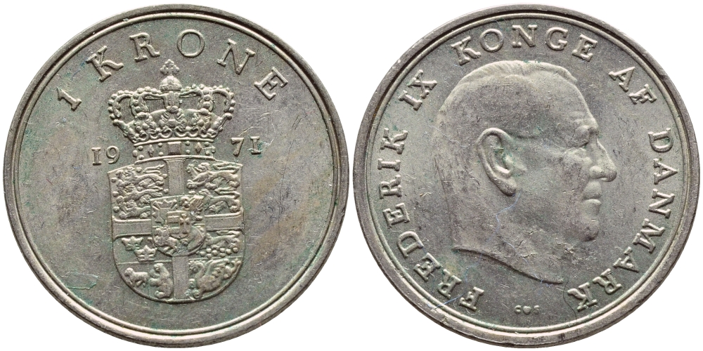 ДАНИЯ 1 КРОНА 1971 C; S, ФРЕДЕРИК IX (1947-1972) KM 851.1 медно-никель 4398-1026