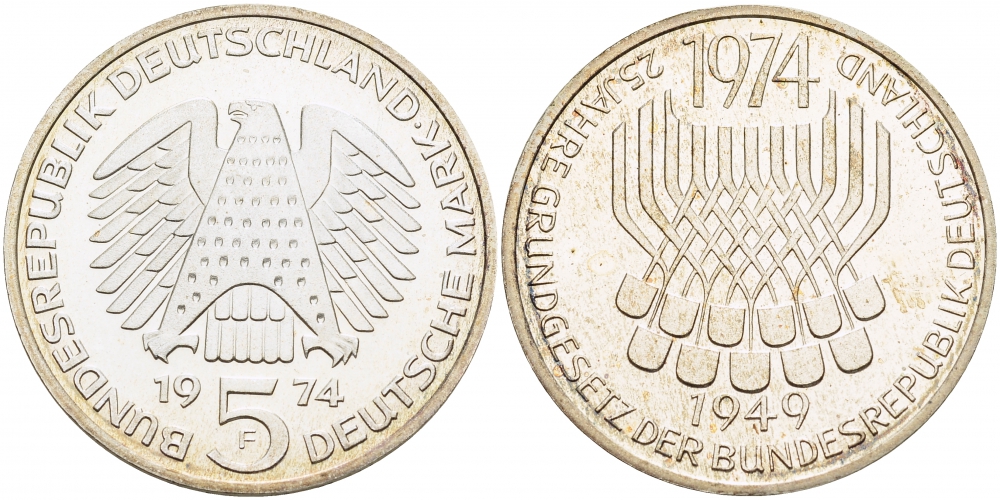 ФРГ 5 марок 1974 F, 25 лет со дня принятия конституции ФРГ KM 138, J.413 серебро PROOF 1087-3-13