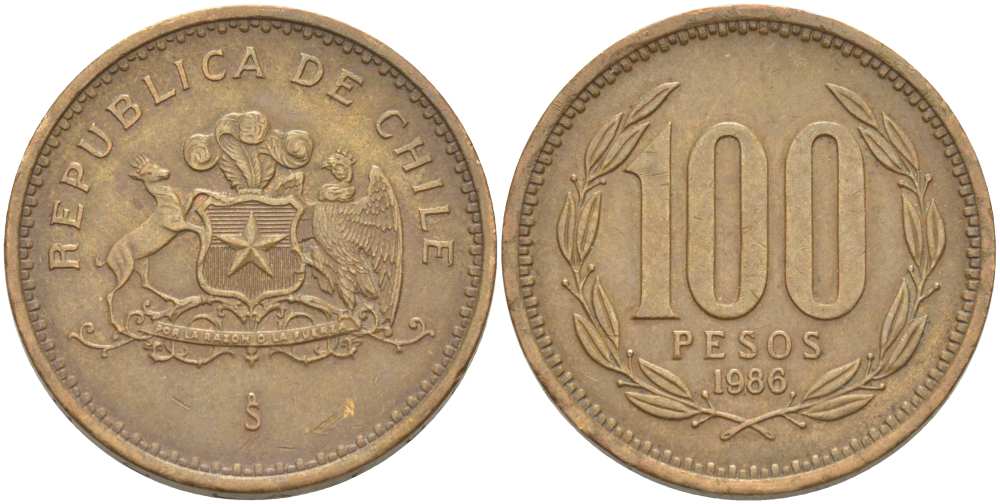 Чили 100 песо 1986 KM 226.1 алюминиевая бронза 00-00
