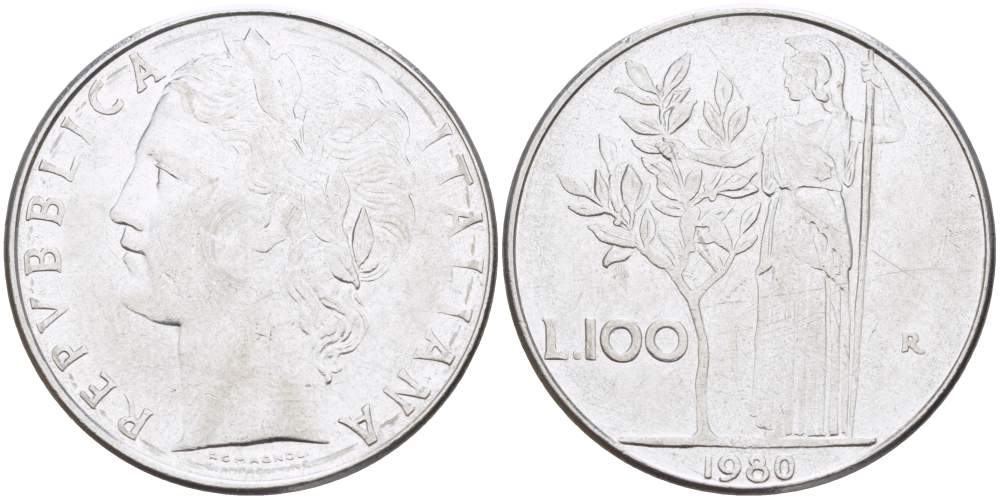 ИТАЛИЯ 100 ЛИР 1980 R, АФИНА KM 96.1 нержавеющая сталь 4526-335