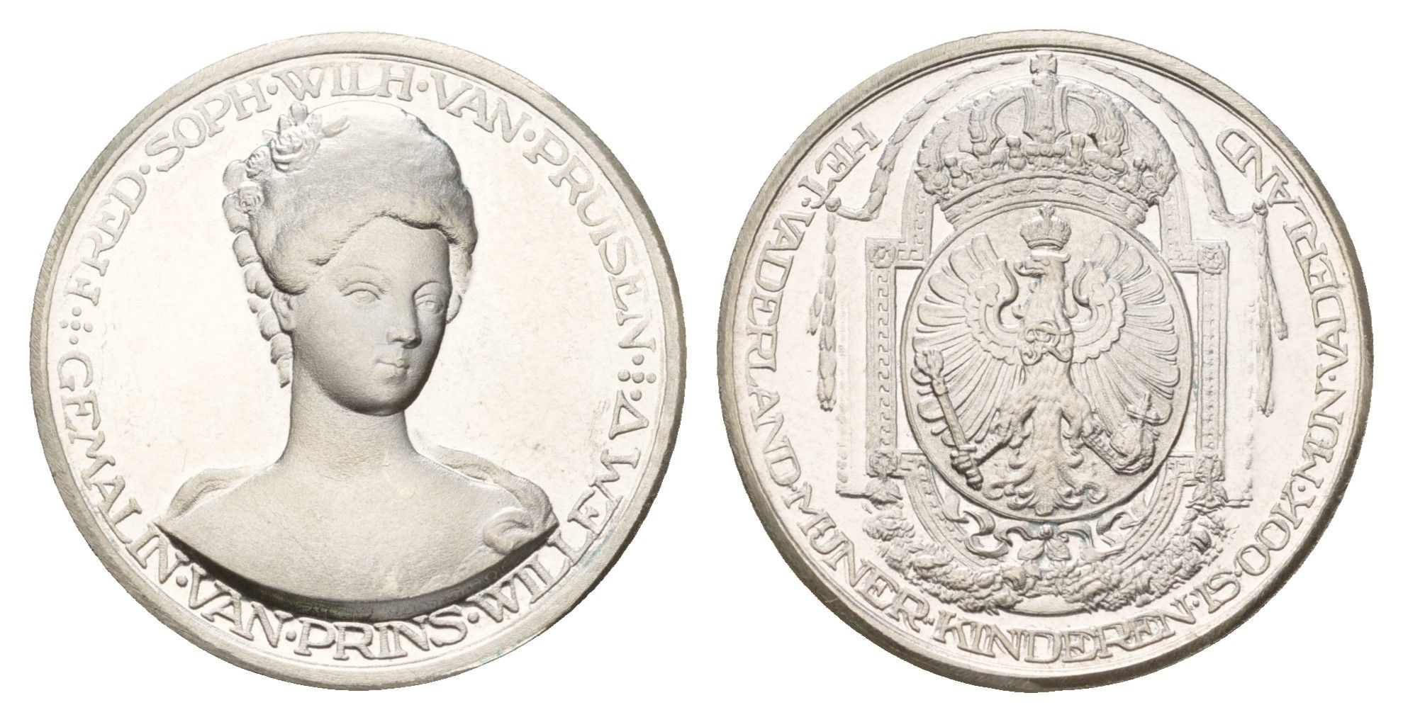 Нидерланды медаль из серии история Нидерландов - Вильгельмина - супруга Вильгельма V Оранского первая половина XX века Het Vaderland Mujer Kinderen is Ook Mun Vaderland (Родина моих детей - это и моя родина), диаметр 25 мм, вес 7,8 гр серебро PROOF 4671-1