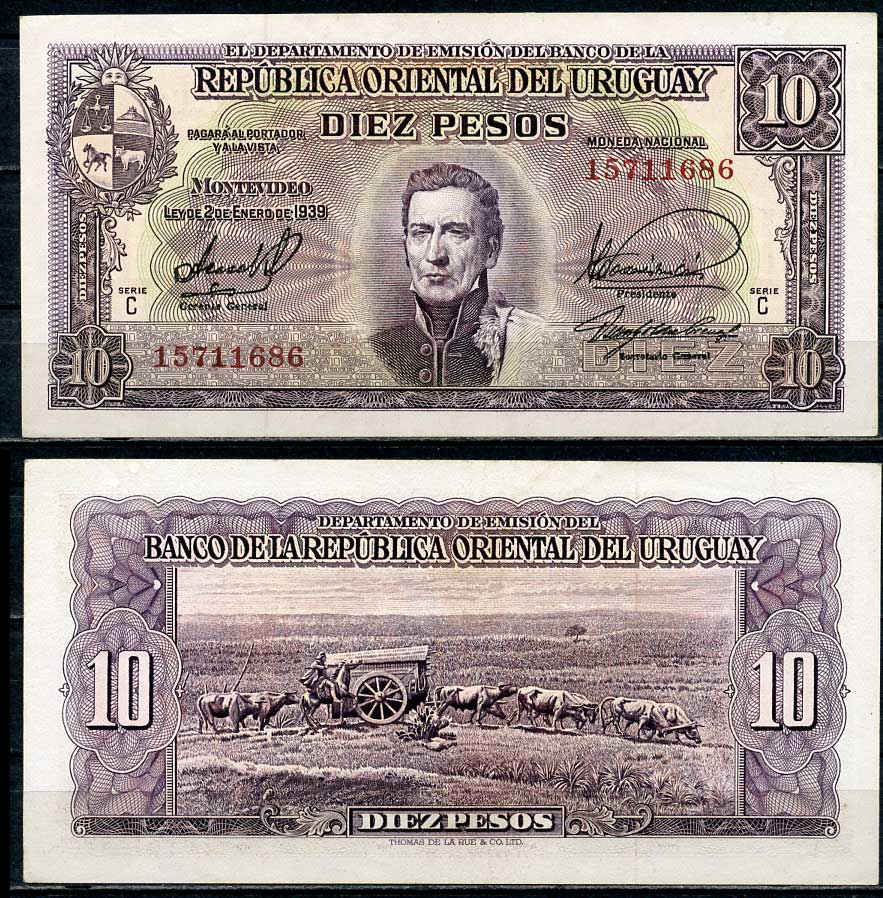 Уругвай 10 песо 1939 Хосе Хервасио Артигас, памятник повозке, Монтевидео, серия C Pick 37 c  бумага 444-101-2-2