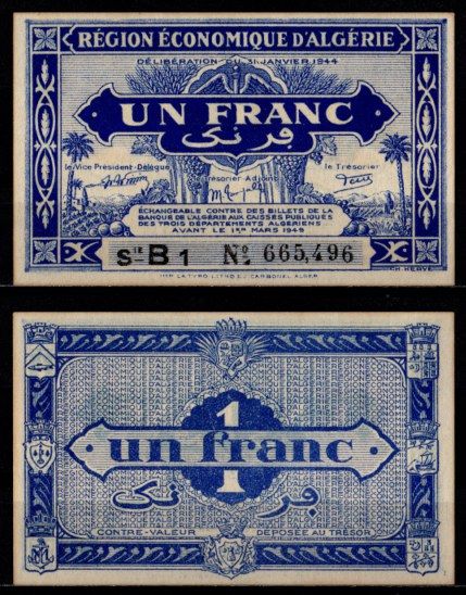 Алжир 1 франк 1944 Pick 98 a бумага UNC (пресс) 7217-16-3-2