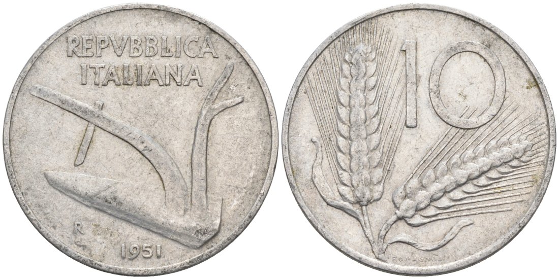 Италия 10 лир 1951 R, КОЛОС, плуг KM 93 алюминий 4573-756