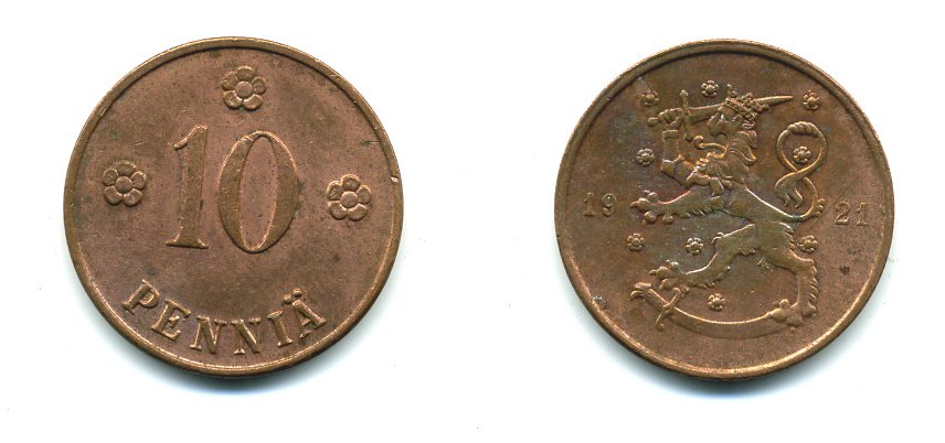 Финляндия 10 пенни 1921 республика (1918-1962) KM 24 медь 46-345