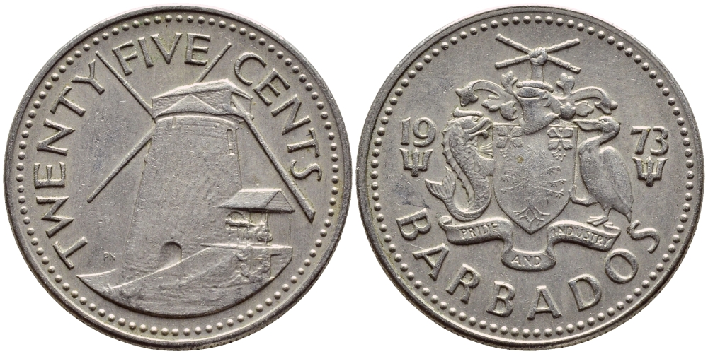 Барбадос 25 центов 1973 ветряная мельница Моргана Льюиса KM 13 медно-никель 4398-315