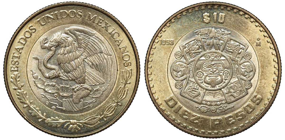 Мексика 10 песо 1998 Мо, бог Тонатиуха с огненной маской KM 616 биметалл UNC 4367-1045