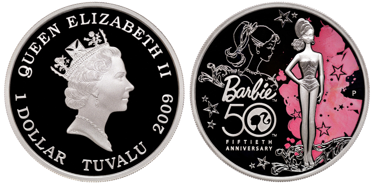 Тувалу 1 доллар 2009 50 лет кукле Барби, эмаль серебро PROOF 8-1-05-02