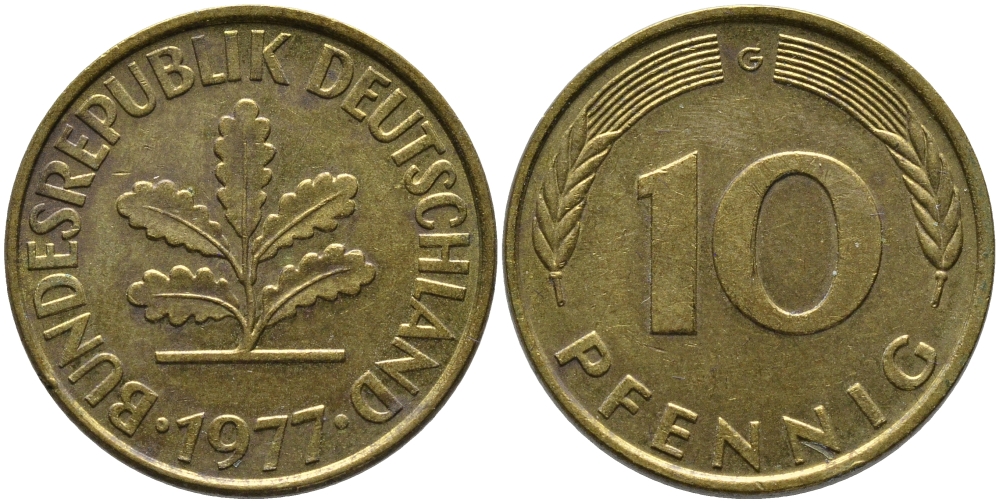ФРГ 10 ПФЕННИГОВ 1977 G KM 108, J.383 сталь плакированная латунью 98-517