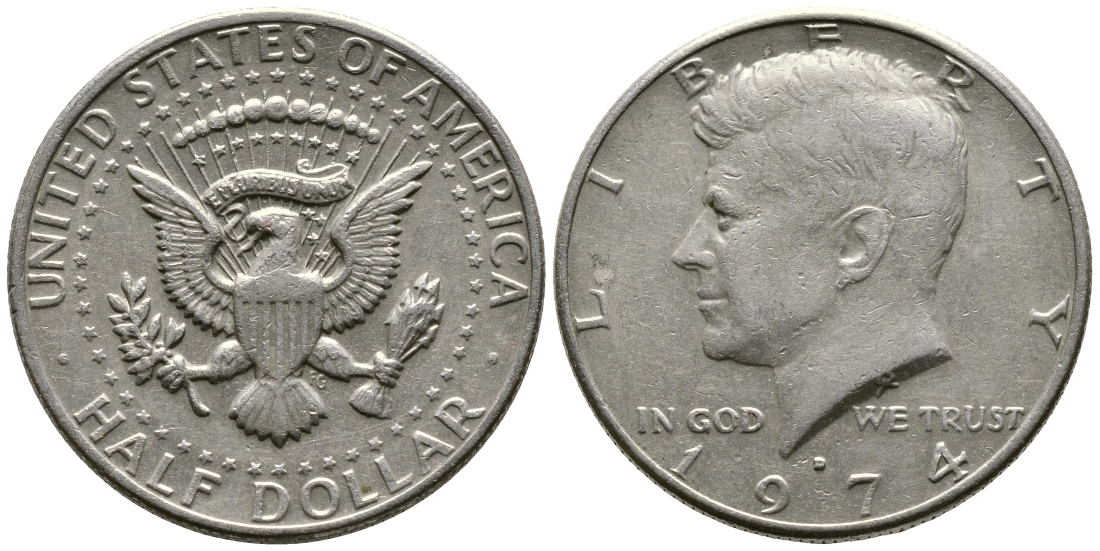 США 1/2 доллара (50 центов) 1974 D, Джон Кеннеди KM 202b медь плакированная медно-никелем 4607-1026