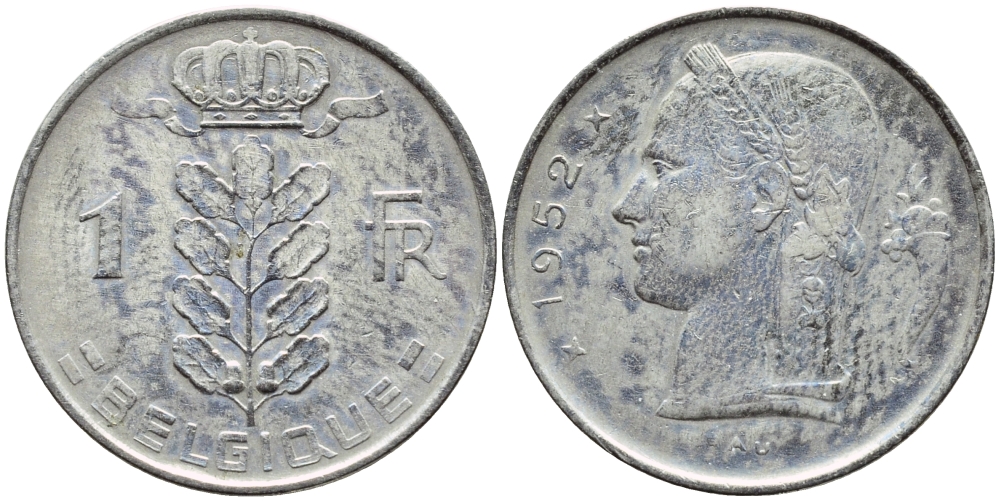 БЕЛЬГИЯ 1 ФРАНК 1952 BELGIQUE KM 142.1 медно-никель 4388-134