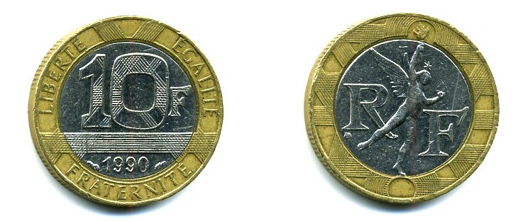 Франция 10 франков 1990 тип Гений Бастилии KM 964.1, Le Frank 375.5 биметалл 36-825