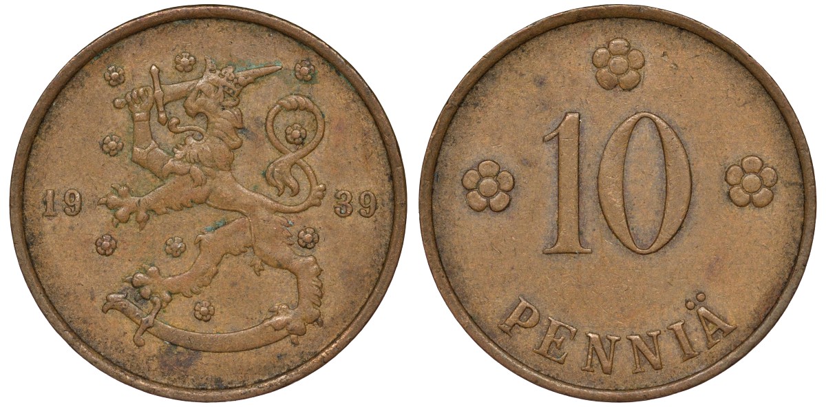 Финляндия 10 пенни 1939 KM 24 медь 51-3055