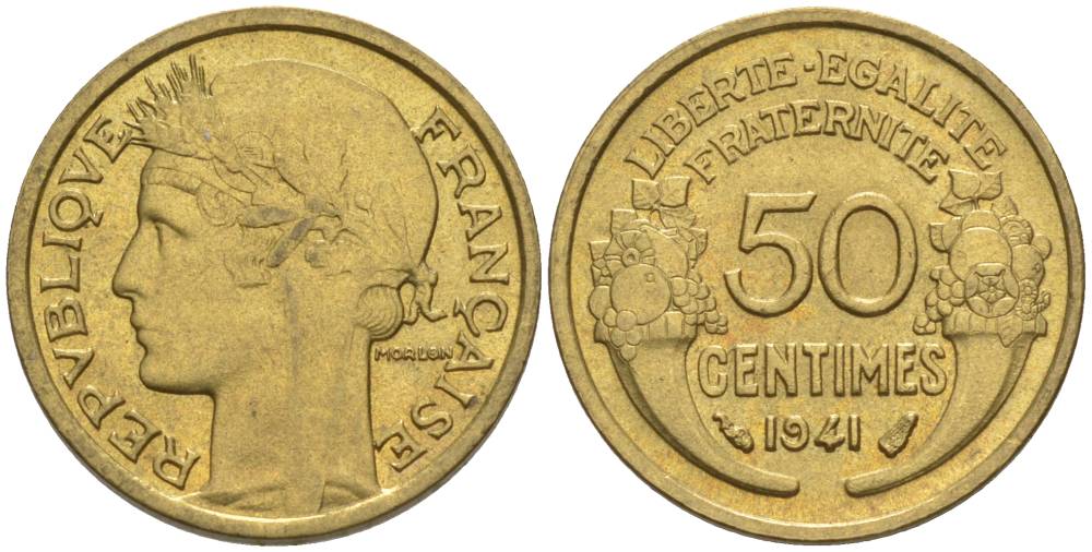 ФРАНЦИЯ 50 САНТИМОВ 1941 ТИП MORLON KM 894.1, LE FRANC 192.18 алюминиевая бронза 44-615