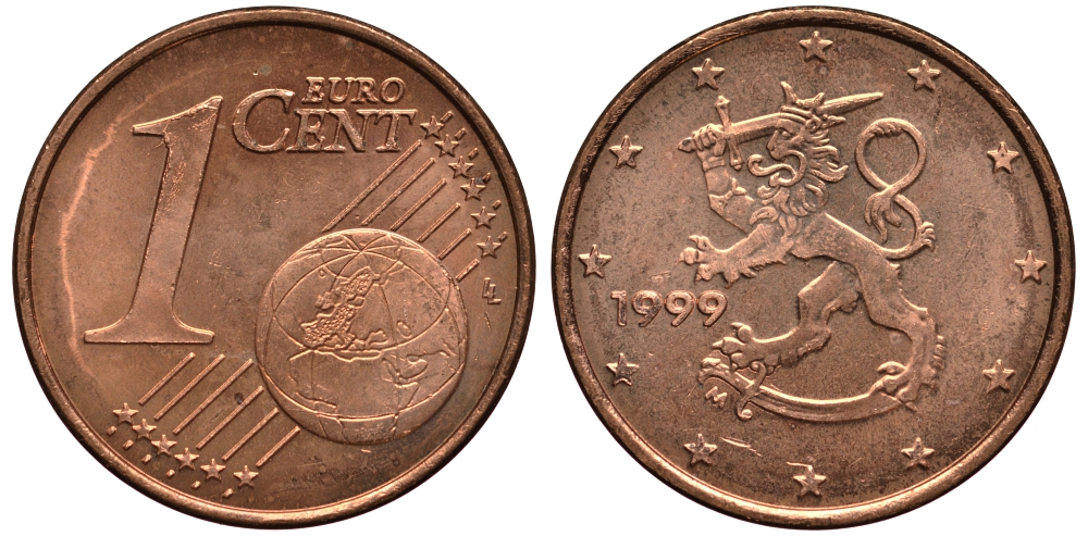 Финляндия 1 евроцент 1999 KM 98 сталь плакированная медью XF-UNC 4181-146