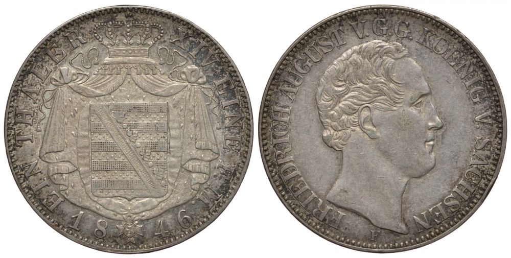 Саксония 1 талер 1846 F, Фридрих Август II (1836-1854) Jaeger 84, AKS 104, KM 1148 серебро 00-000-00