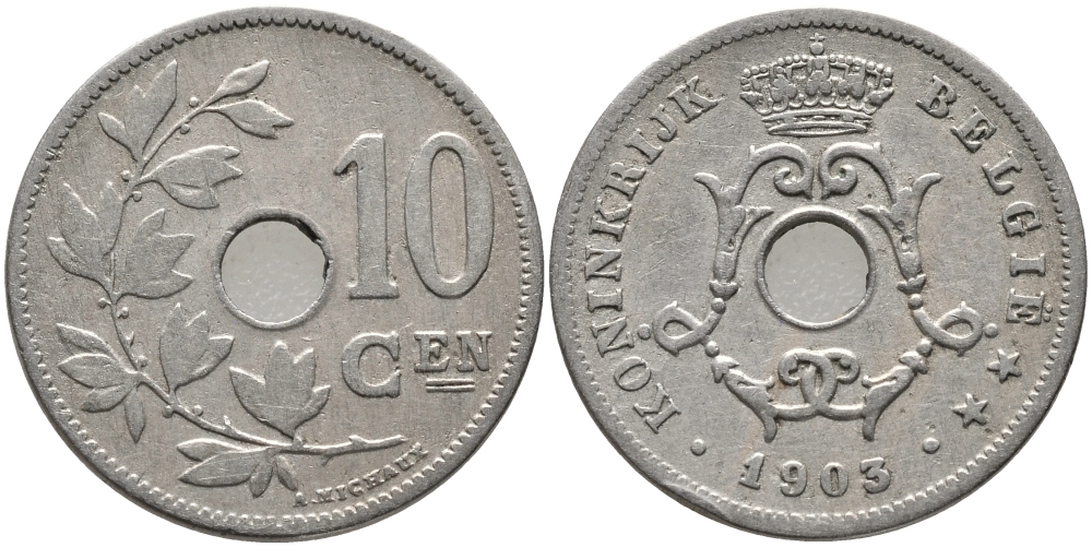 БЕЛЬГИЯ 10 САНТИМОВ 1903 BELGIE KM 49 медно-никель 3334-811