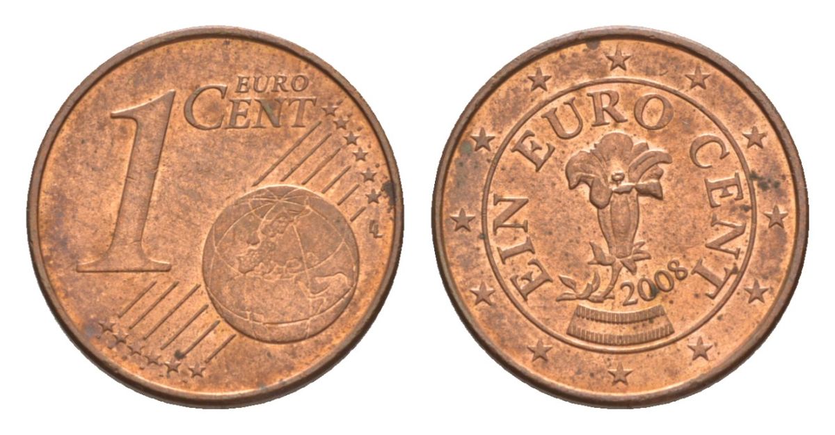 Австрия 1 евроцент 2008 KM 3082 сталь плакированная медью aUNC 4630-442