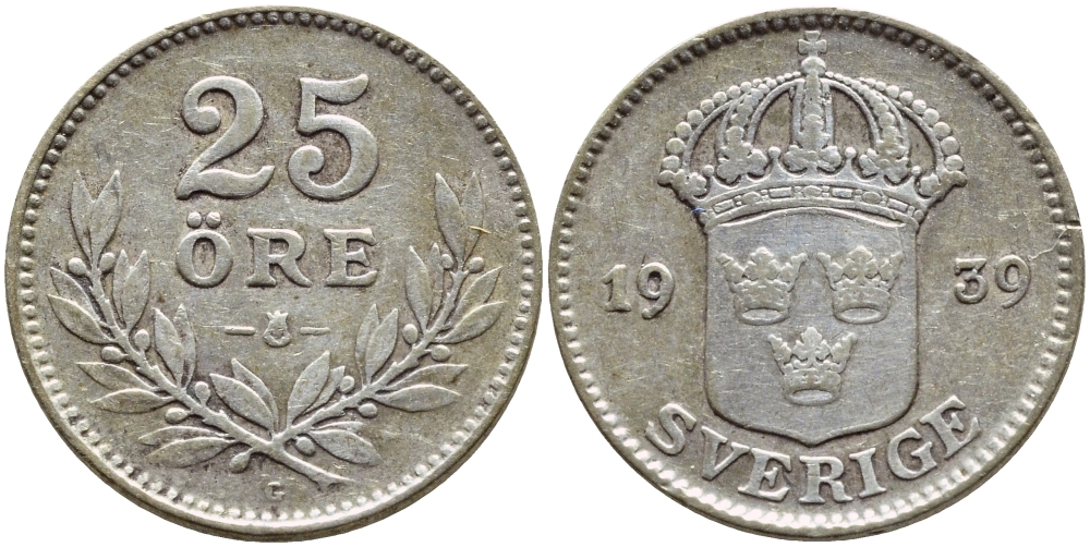 Швеция 25 эре 1939 Густав V (1907-1950) KM 785 серебро 1530-835