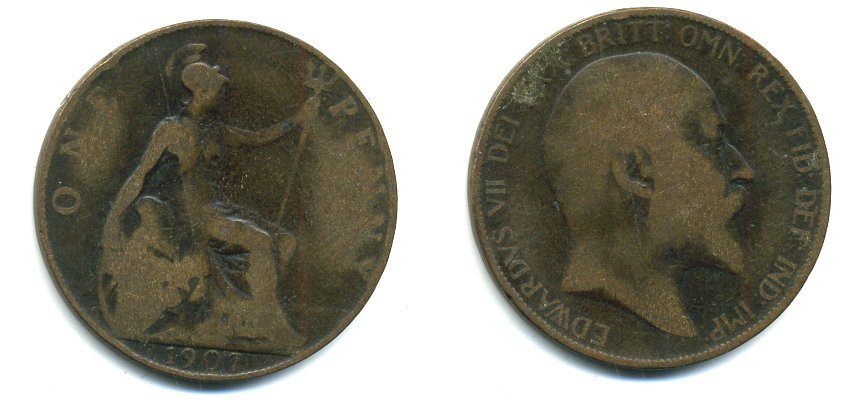 Великобритания 1 пенни 1907 Эдуард VII (1901-1910) KM 794.2, Spink 3990 бронза 47-511