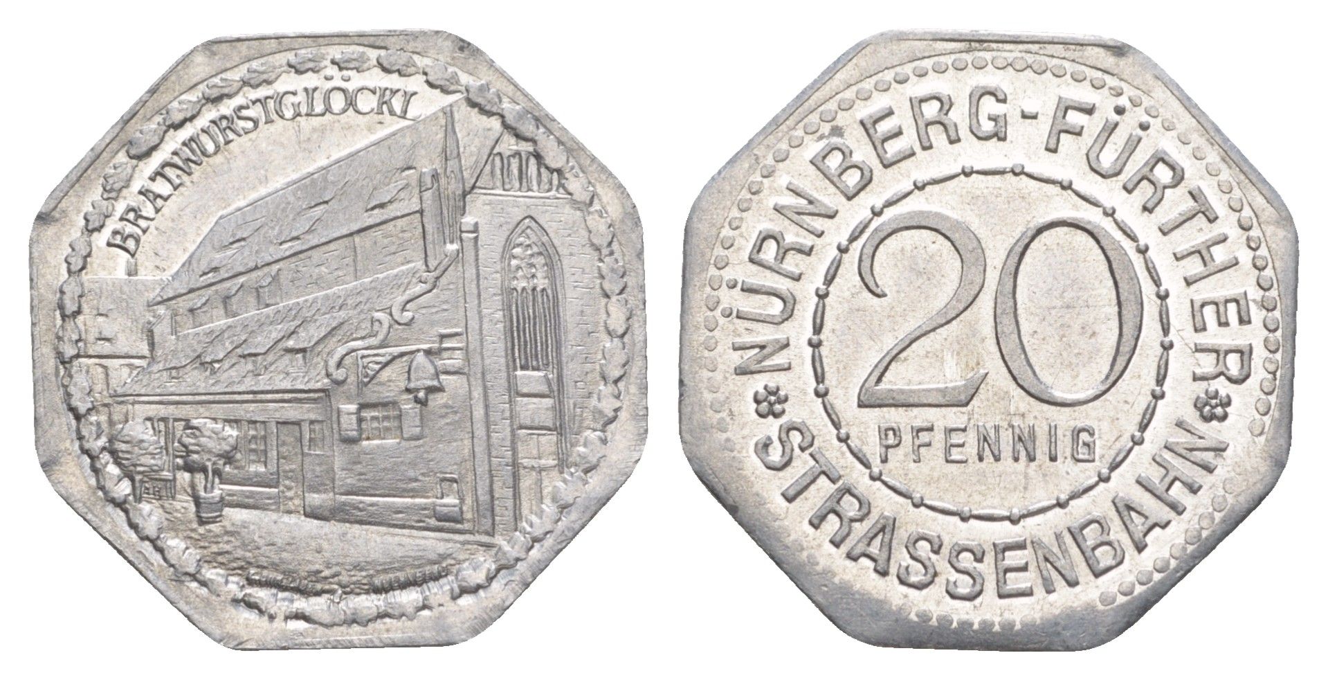 Нюрнберг трамвайный (транспортный) жетон в 20 пфеннигов ND (1920-1921) ремесленный двор Men05 19256.5, Men18 24102.5 алюминий UNC 4638-237