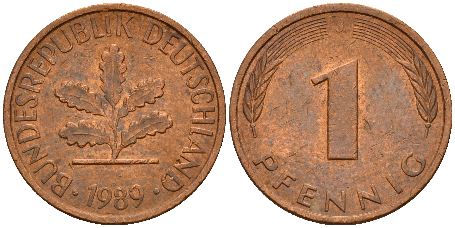 ФРГ 1 пфенниг 1989 J KM 105, J. 380 сталь плакированная медью    4598-658