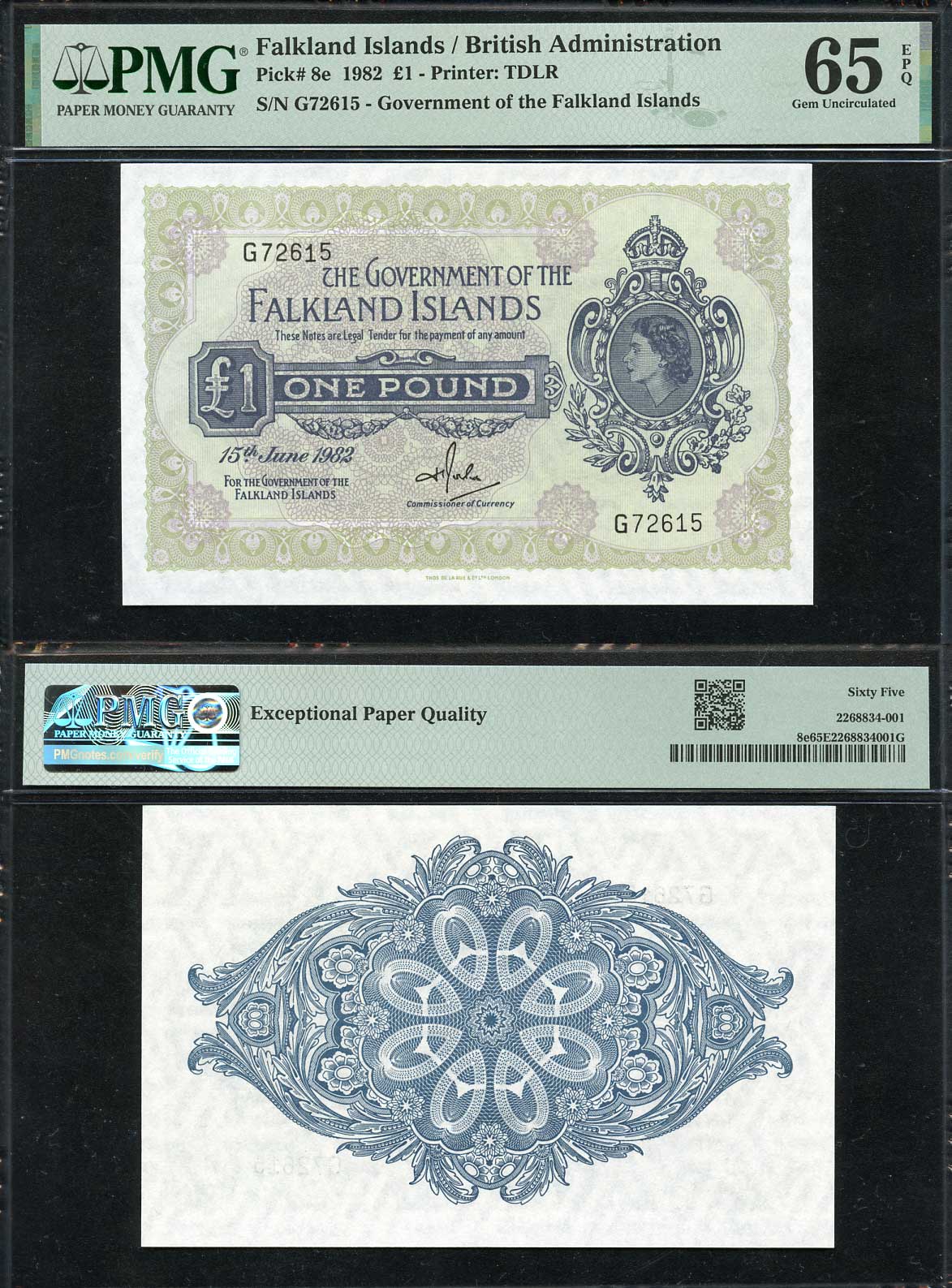 Фолклендские острова 1 фунт 1982 Елизавета II (1952-2022), 15 июня 1982, в слабе PMG 65 Gem Unc Pick 8 e  бумага  UNC (пресс) 452-2-63