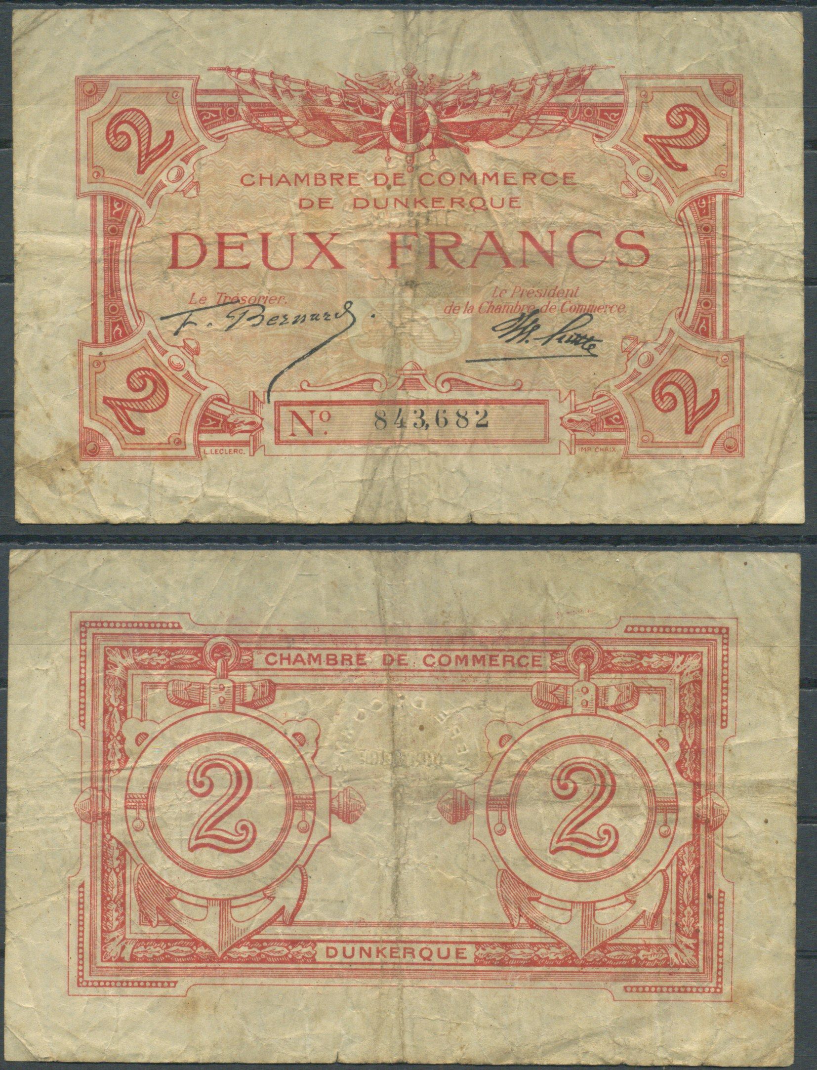 Франция, Дюнкерк 2 франка 1917 Jean Pirot 54.9 бумага 6285-13-3-1