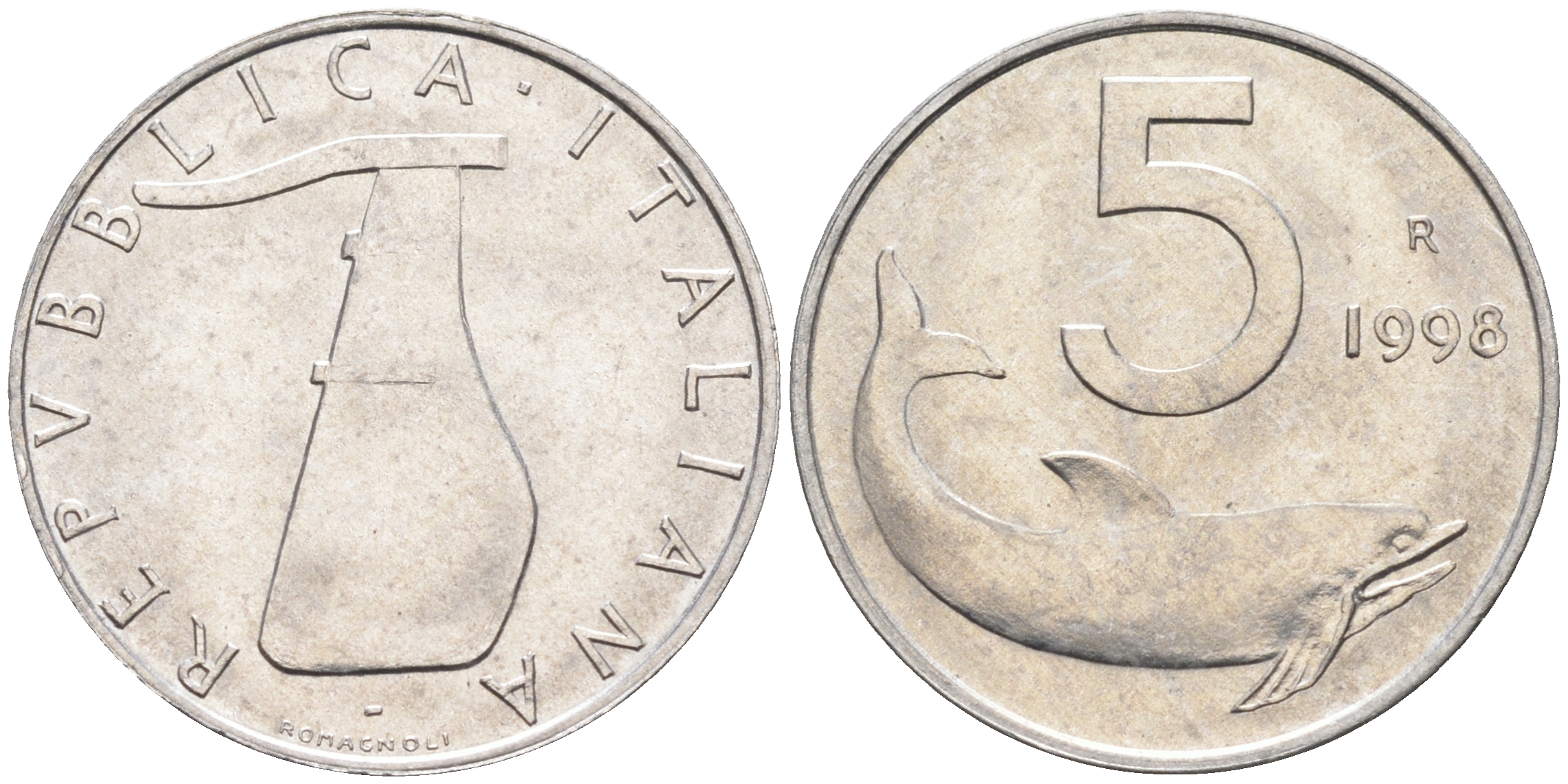 Италия 5 лир 1998 R, дельфин KM 92 алюминий  UNC  4594-936