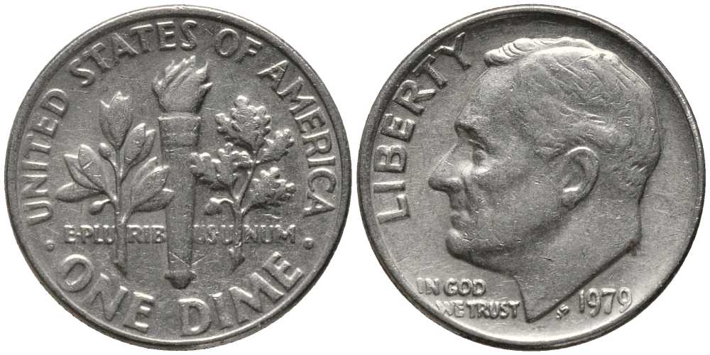 США 10 ЦЕНТОВ = 1 ДАЙМ 1979 РУЗВЕЛЬТ KM 195а медь плакированная медно-никелем 112-639