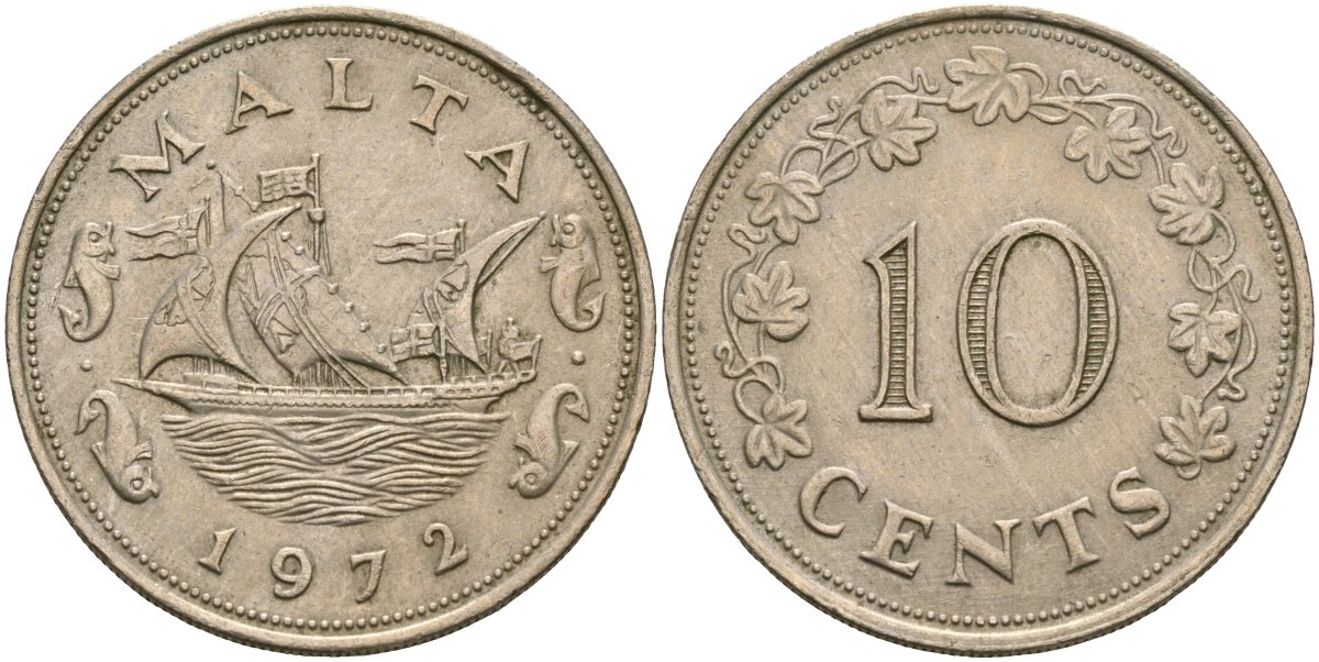 Мальта 10 центов 1972 баржа Великого магистра KM 11 медно-никель 4137-844