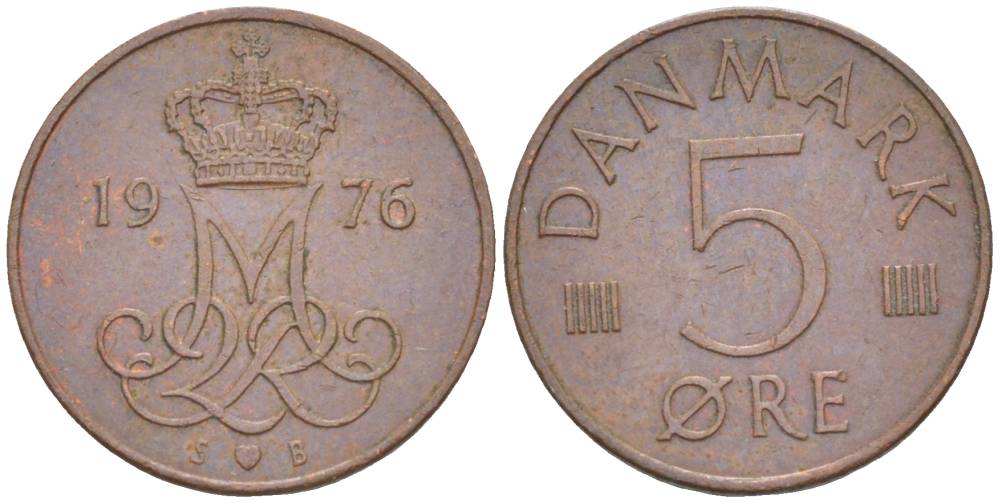 Дания 5 эре 1976 S; B, Маргрете II (1972- ) KM 859.1 железо плакированное медью 4551-141