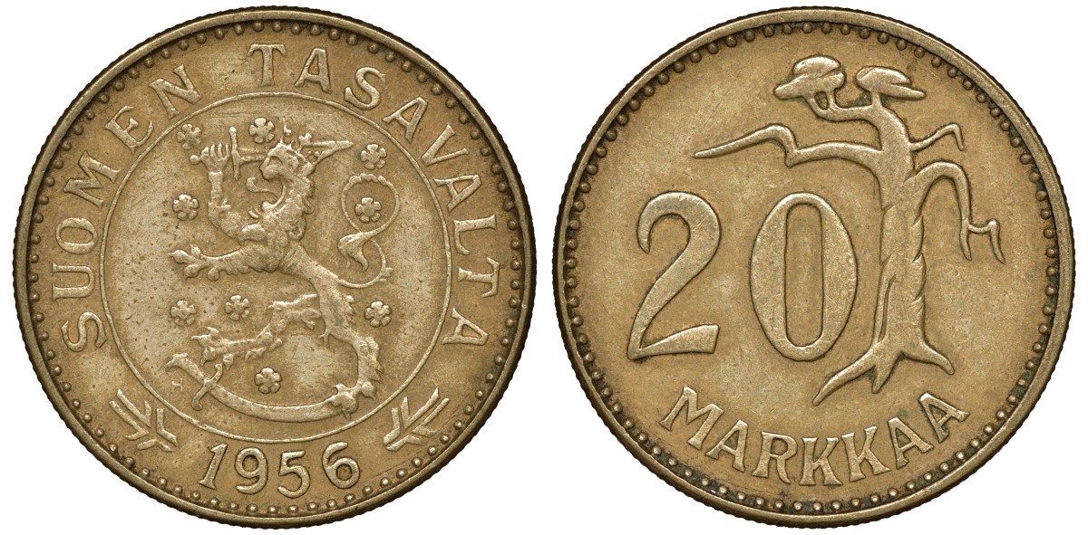 Финляндия 20 марок 1956 H, лев KM 39 алюминиевая бронза 4163-327