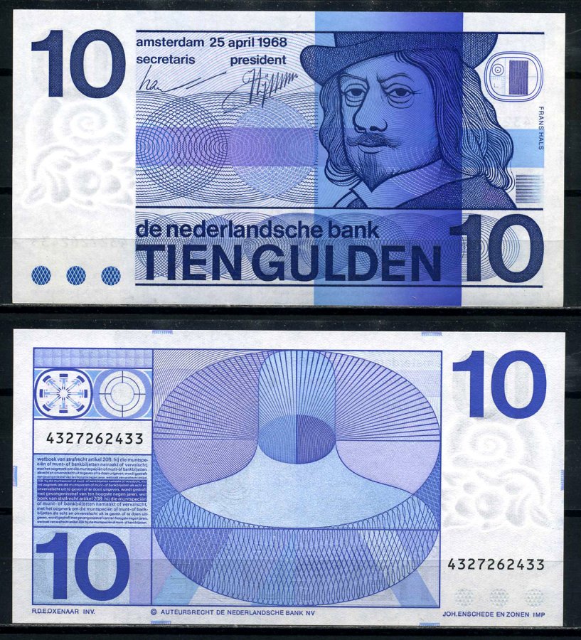 Нидерланды 10 гульденов 1968 25 апреля 1968, Frans Hals, Plain bullseye at upper left on back Pick 91b бумага UNC (пресс) 2195-13-2-1