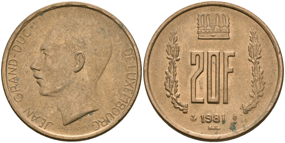 Люксембург 20 франков 1981 герцог Жан (1964-1999) KM 58 алюминиевая бронза 4120-1146