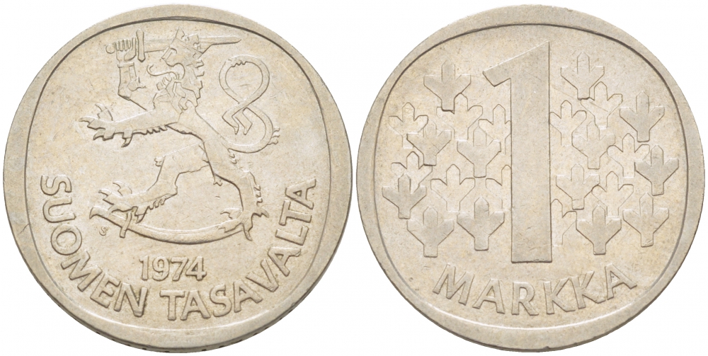 ФИНЛЯНДИЯ 1 МАРКА 1974 S KM 49а медно-никель 3718-1232