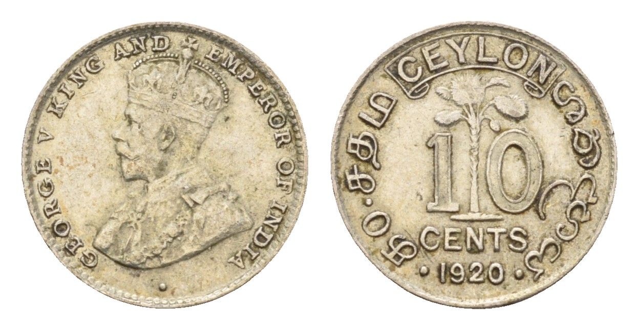 Цейлон 10 центов 1920 B, Георг V (1910-1936) KM 104a серебро 26-764