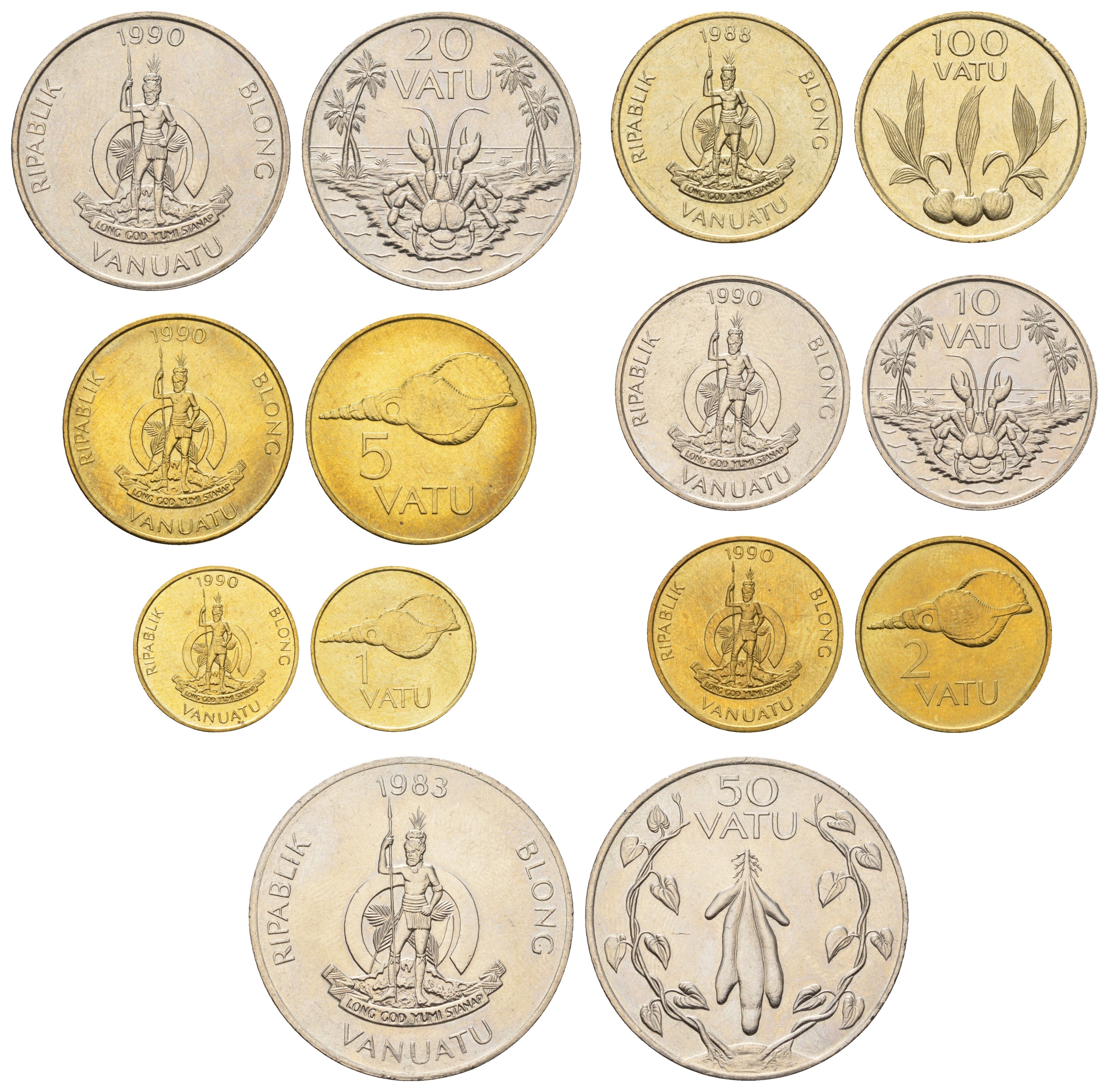 Вануату набор из 7 монет (1, 2, 5, 10, 20, 50 и 100 вату) 1983, 1988 и 1990 KM 3, 4, 5, 6, 7, 8 и 9 UNC 4672-831-835