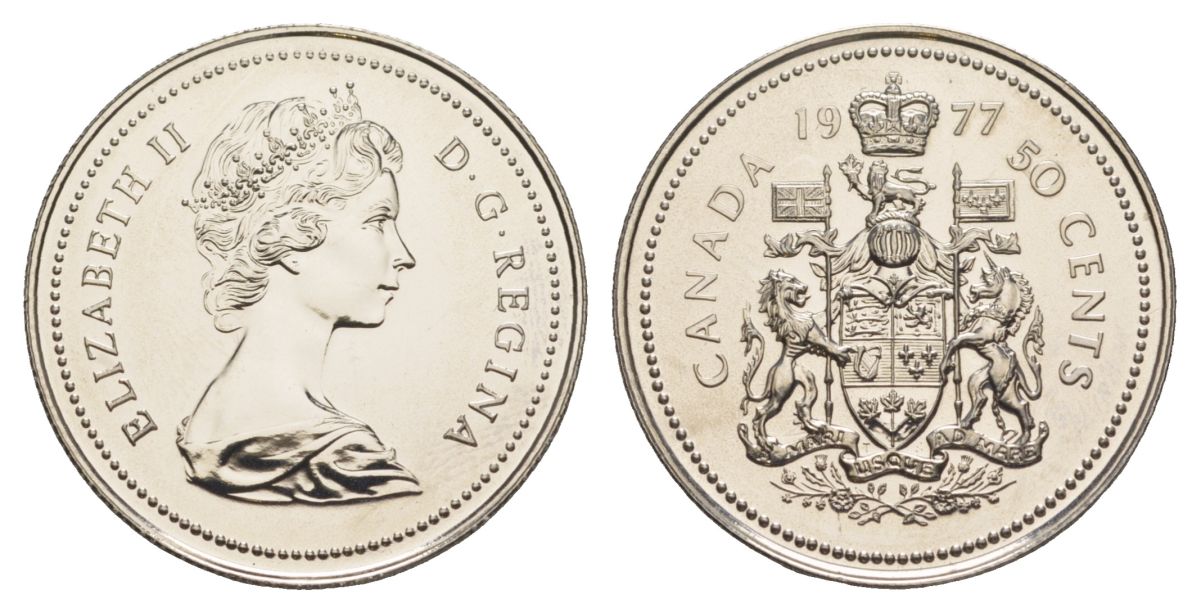 Канада 50 центов 1977 Елизавета II (1952-2022), герб KM 75 никель PROOF-LIKE (BU) 4631-952