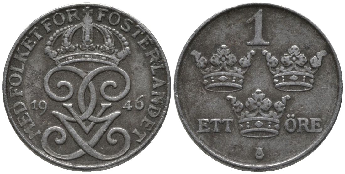 Швеция 1 эре 1946 Густав V (1907-1950) KM 810 железо 188-1256