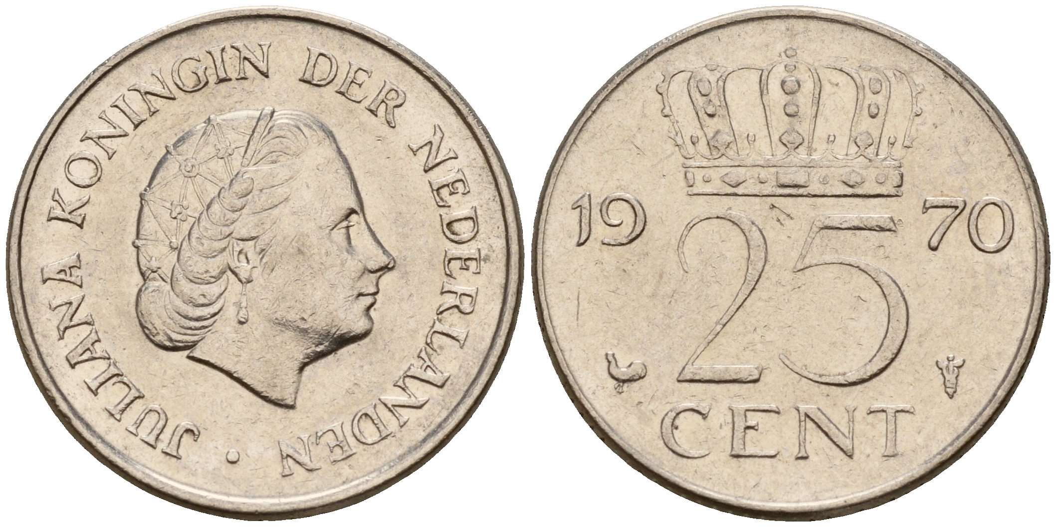 Нидерланды 25 центов 1970 Юлиана (1949-1980) KM 183 никель    4598-457