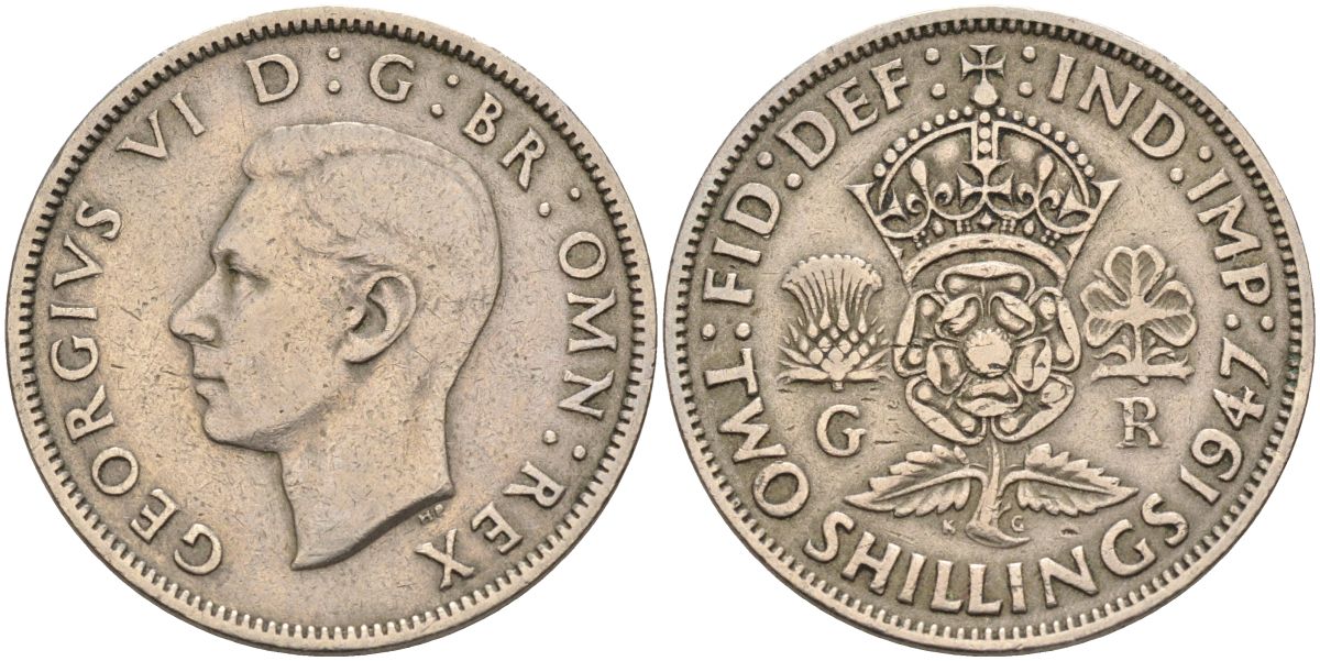 Великобритания 2 шиллинга (флорин) 1947 Георг VI (1936-1952) KM 865, Spink 4102 медно-никель 4117-1013