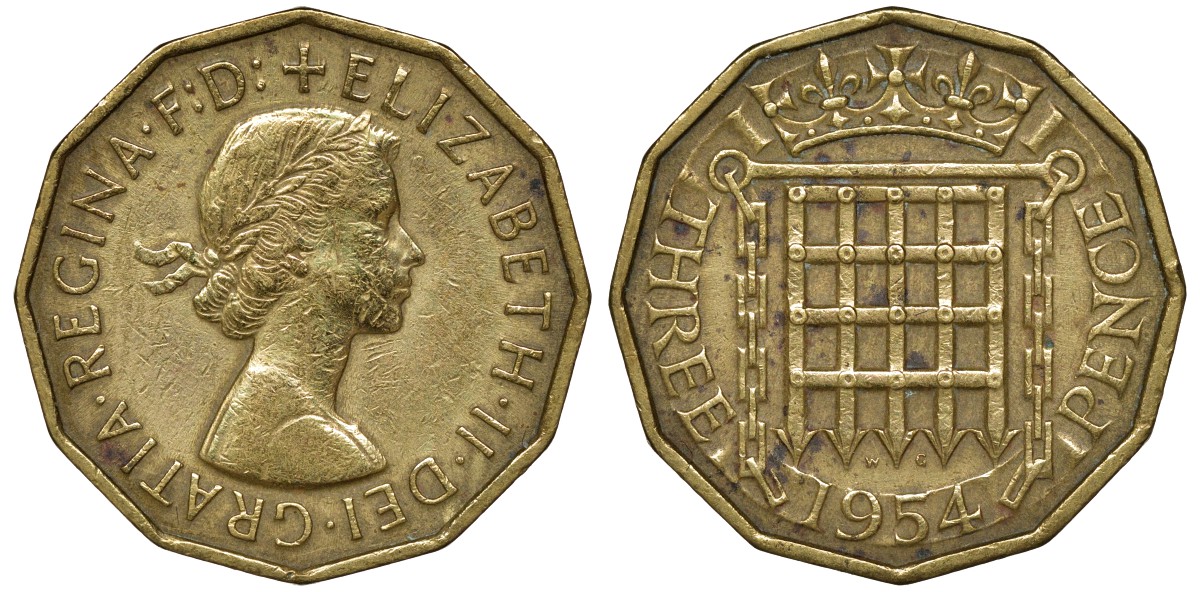 Великобритания 3 пенса 1954 Елизавета II (1952-2022) KM 900, Spink 4153 никель латунь 72-1755