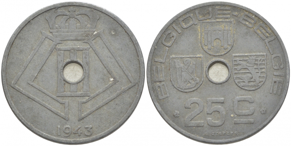 БЕЛЬГИЯ 25 САНТИМОВ 1943 BELGIQUE - BELGIE, ГЕРМАНСКАЯ ОККУПАЦИЯ, ВТОРАЯ МИРОВАЯ ВОЙНА KM 131 цинк 87-1551