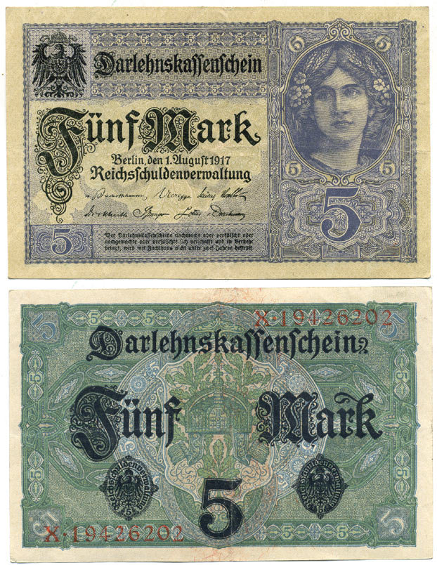 ГЕРМАНИЯ 5 МАРОК 1917 ВОСЕМЬ ЦИФР В НОМЕРЕ Pick 56b бумага 7547-8-2-2